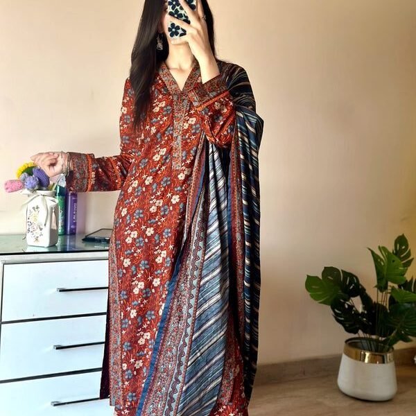 Bin Saeed Maroon Lawn 3-Piece Suit with geometric printed shirt and stripe dupatta.