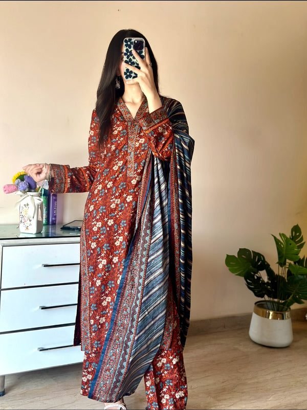 Bin Saeed Maroon Lawn 3-Piece Suit with geometric printed shirt and stripe dupatta.