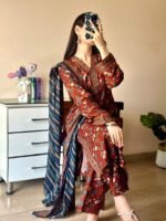 Bin Saeed Maroon Lawn 3-Piece Suit | Geometric Print with Stripe Dupatta - Image 3