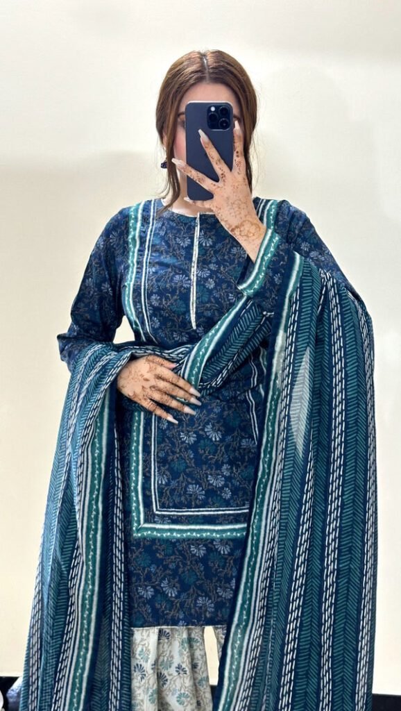 Bin Saeed Blue Floral Lawn 3-Piece Suit with Matching Dupatta