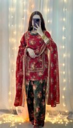 Bin Saeed Lawn 3-Piece Suit for Women | Red Floral Printed Lawn with Stripe Dupatta - Image 6