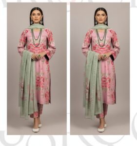 Pink & Aqua Floral Motifs | Vibrant Digital Lawn 3-Piece Dress (Unstitched) | Must-Have Summer Elegance - Image 3