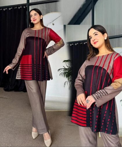 Stunning Abstract Print Lawn Suit – Red and Black 2Pc Co-ord Set for Women, made from premium lawn fabric, available at PixelCartHub.com