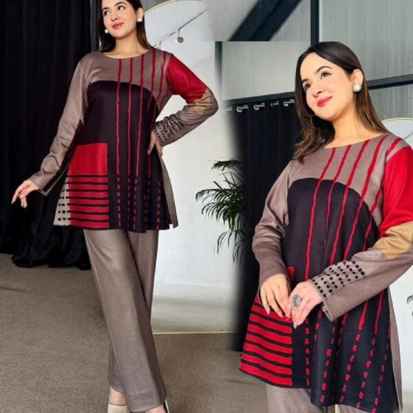 Stunning Abstract Print Lawn Suit – Red and Black 2Pc Co-ord Set for Women, made from premium lawn fabric, available at PixelCartHub.com