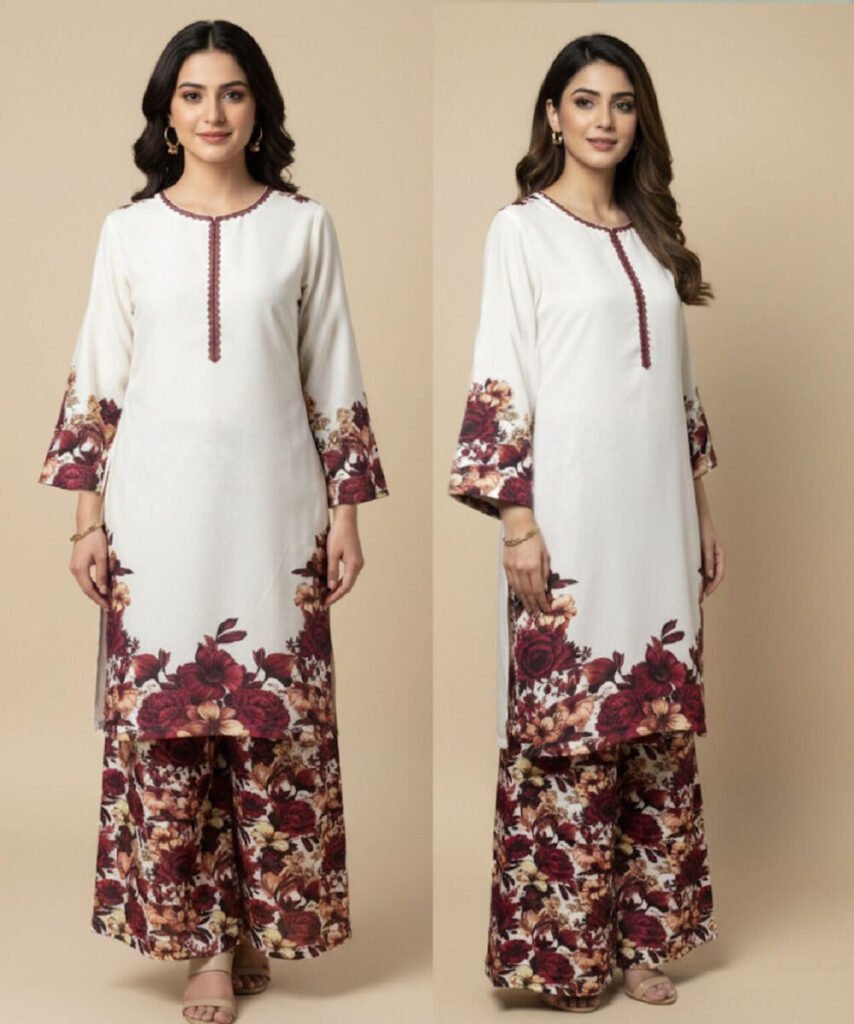 Luxury Floral Print Corduroy 2 PC Co-ord Set for Women – Premium winter outfit with elegant floral design from PixelCartHub.”