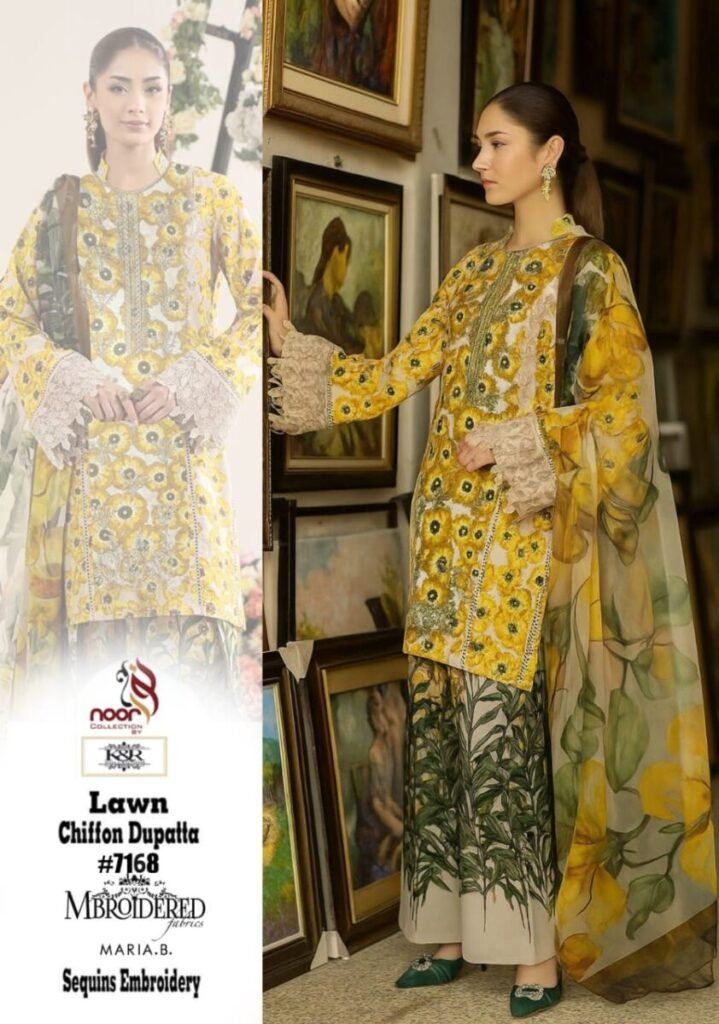 Yellow Lawn Suit 3Pc Unstitched with Chiffon Dupatta & Sequence Embroidery – Summer Collection 2025 ✅ Product Tags (comma format):