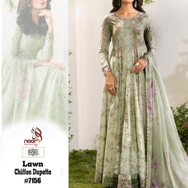 3Pc Unstitched Lawn Dress Pastel Green with Chiffon Dupatta and Sequins Embroidery
