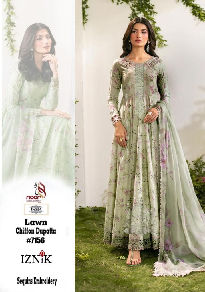 3Pc Unstitched Lawn Dress Pastel Green with Chiffon Dupatta and Sequins Embroidery