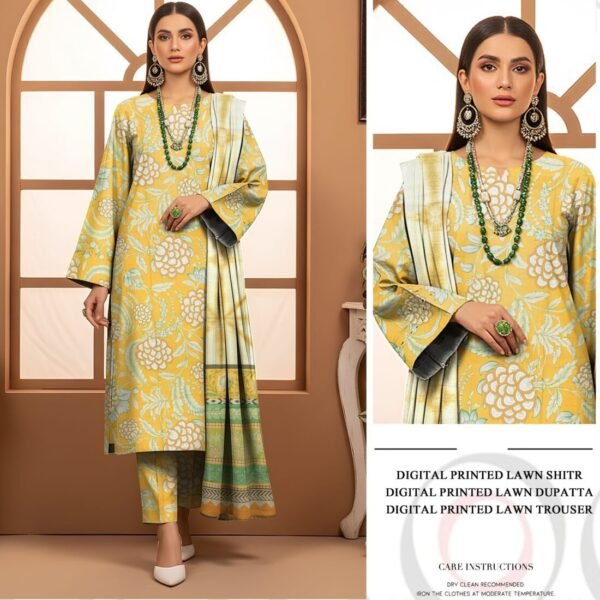 Unstitched Digital Printed Lawn 3-Piece Suit Yellow Floral Dress – Summer 2025