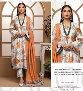 Exclusive Unstitched Digital Printed Lawn 3PC Suit – Orange Floral Shirt Dupatta and Trouser