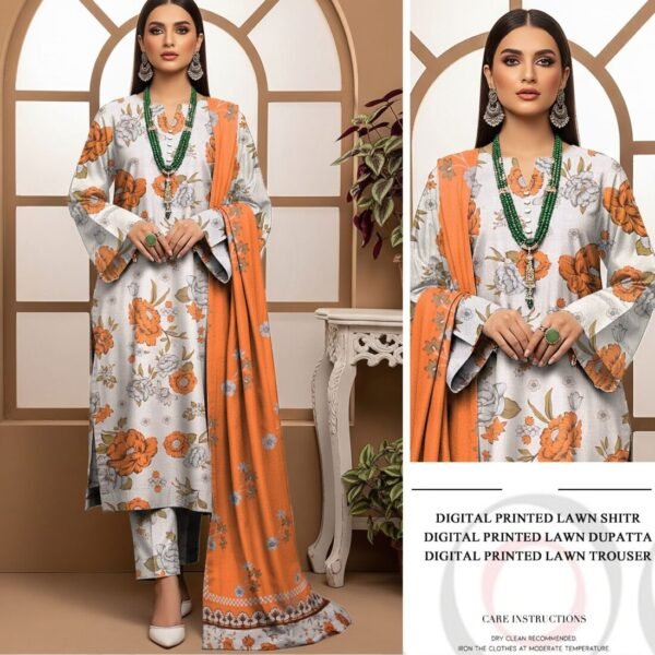 Exclusive Unstitched Digital Printed Lawn 3PC Suit – Orange Floral Shirt Dupatta and Trouser