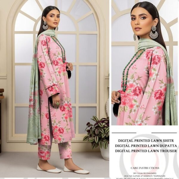 Vibrant Digital Lawn 3-Piece Dress Pink and Aqua Floral Motifs Unstitched Summer Outfit