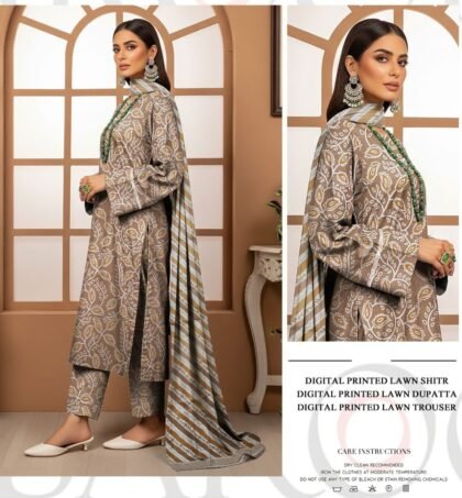 Digital Printed 3-Piece Lawn Dress Brown and Khaki Motifs for Office and Daily Wear