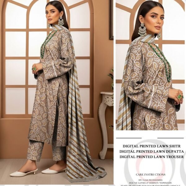 Digital Printed 3-Piece Lawn Dress Brown and Khaki Motifs for Office and Daily Wear