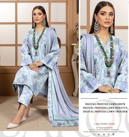 Luxury Digital Lawn 3-Piece Dress Cool Aqua Floral Motifs Unstitched Summer Outfit