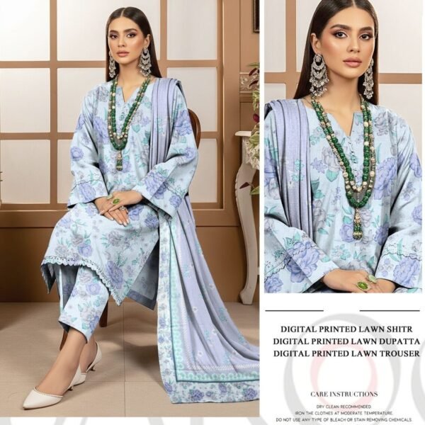 Luxury Digital Lawn 3-Piece Dress Cool Aqua Floral Motifs Unstitched Summer Outfit