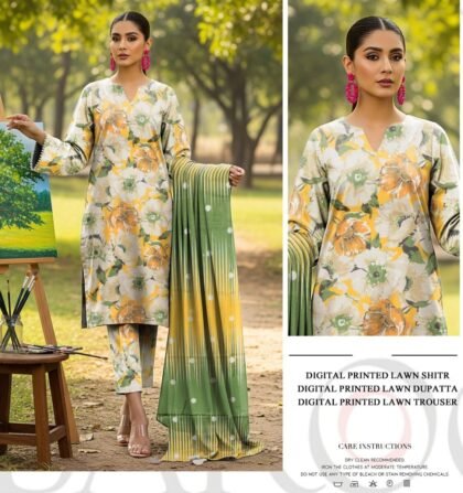 Premium Digital Printed Lawn Suit (3PC Unstitched) – Ivory & Citrus Floral Print