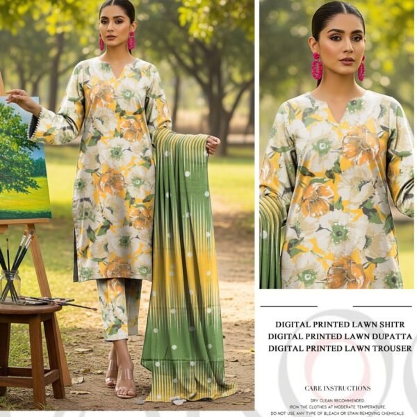 Premium Digital Printed Lawn Suit (3PC Unstitched) – Ivory & Citrus Floral Print