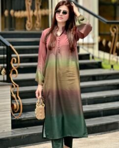 Vibrant Luxury Corduroy 2 PC Suit | Ombre Shaded Long Kurta & Trousers for Women 2025 - Image 2