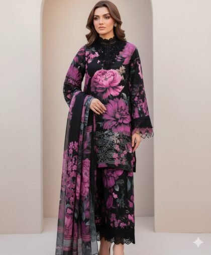 Black & Magenta Floral Cotton Suit with Chikankari Shirt