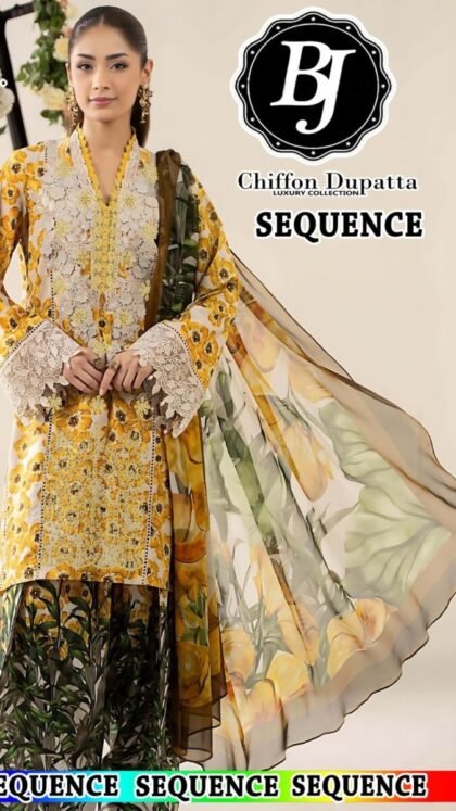 Luxury Embroidered Sequins 3-Piece Lawn Suit with Chiffon Dupatta