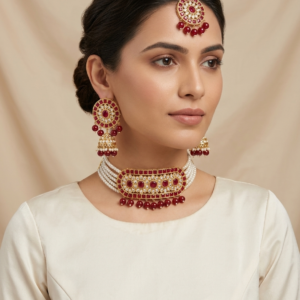 Alternative view of Stunning Traditional Kundan Choker Set for Women – Elegant Pearl Necklace with Jhumka Earrings & Maang Tikka Bridal Jewelry 2026