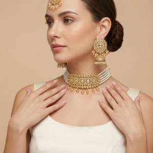 traditional kundan choker set for women with pearl necklace jhumka earrings and maang tikka bridal jewelry