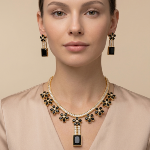 Zircon Necklace Set for Women Floral Design Locket with Earrings