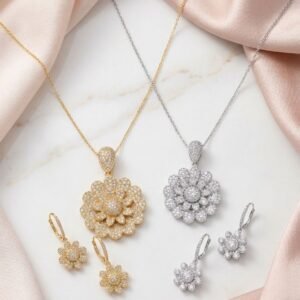 Zircon Pendant Set for Women Elegant Floral Jewelry Necklace with Earrings