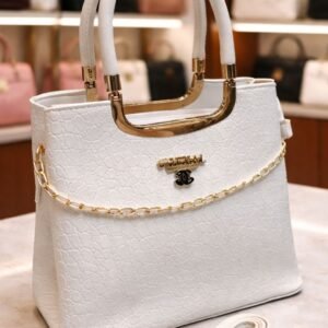 womens crocodile pattern handbag with gold chain and metallic handles
