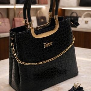 womens crocodile pattern handbag with gold chain and metallic handles