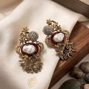 Vintage Floral Gold Plated Earrings with pearl accents elegant women party wear jewelry