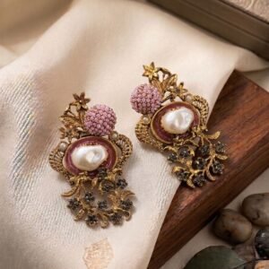 Vintage Floral Gold Plated Earrings with pearl accents elegant women party wear jewelry