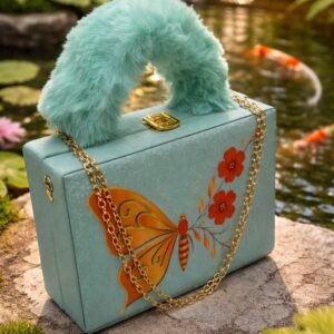 butterfly print box clutch with soft fur handle elegant evening bag
