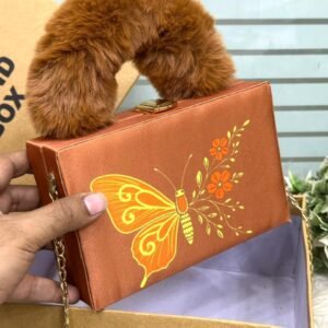 butterfly print box clutch with soft fur handle elegant evening bag