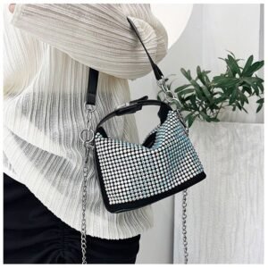 Elegant women’s moon shape rhinestone clutch bag with luxury crystal design and gold chain strap for weddings and parties