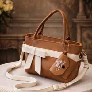 pu leather crossbody bag for women with white bow and mini pouch stylish shoulder handbag for daily use