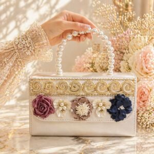 floral bridal clutch bag for women with 3d flower design pearl handle and zircon crystal elegant wedding party purse