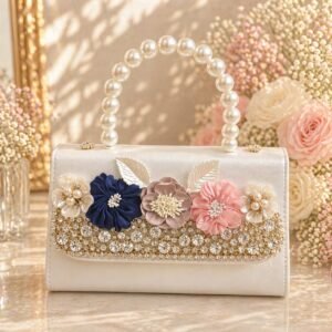 floral bridal clutch bag for women with 3d flower design pearl handle and zircon crystal elegant wedding party purse