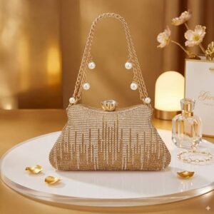 metal mesh clutch bag for women with pearl chain and top lock bridal party wear handbag