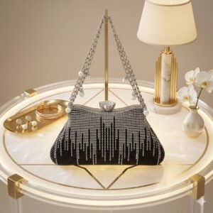 metal mesh clutch bag for women with pearl chain and top lock bridal party wear handbag