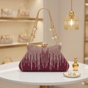 metal mesh clutch bag for women with pearl chain and top lock bridal party wear handbag
