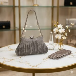 metal mesh clutch bag for women with pearl chain and top lock bridal party wear handbag