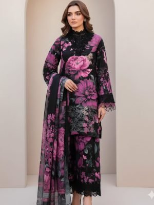 Black & Magenta Floral Cotton Suit with Chikankari Shirt
