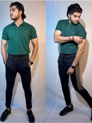 Men's Stylish Green Polo T-shirt & Black Track Pants Set – Casual & Sporty Wear