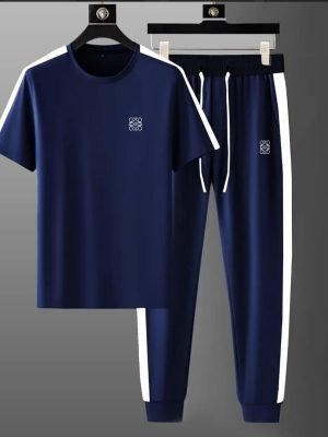 Navy Blue Men's Tracksuit with White Stripes – Front View